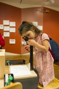 A visitor to Illusions: Near and Far tries the Camera Lucida. Photo by Front Room Photography