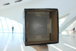 Example camera obscura, which shows an upside-down image of the scene in front of it.